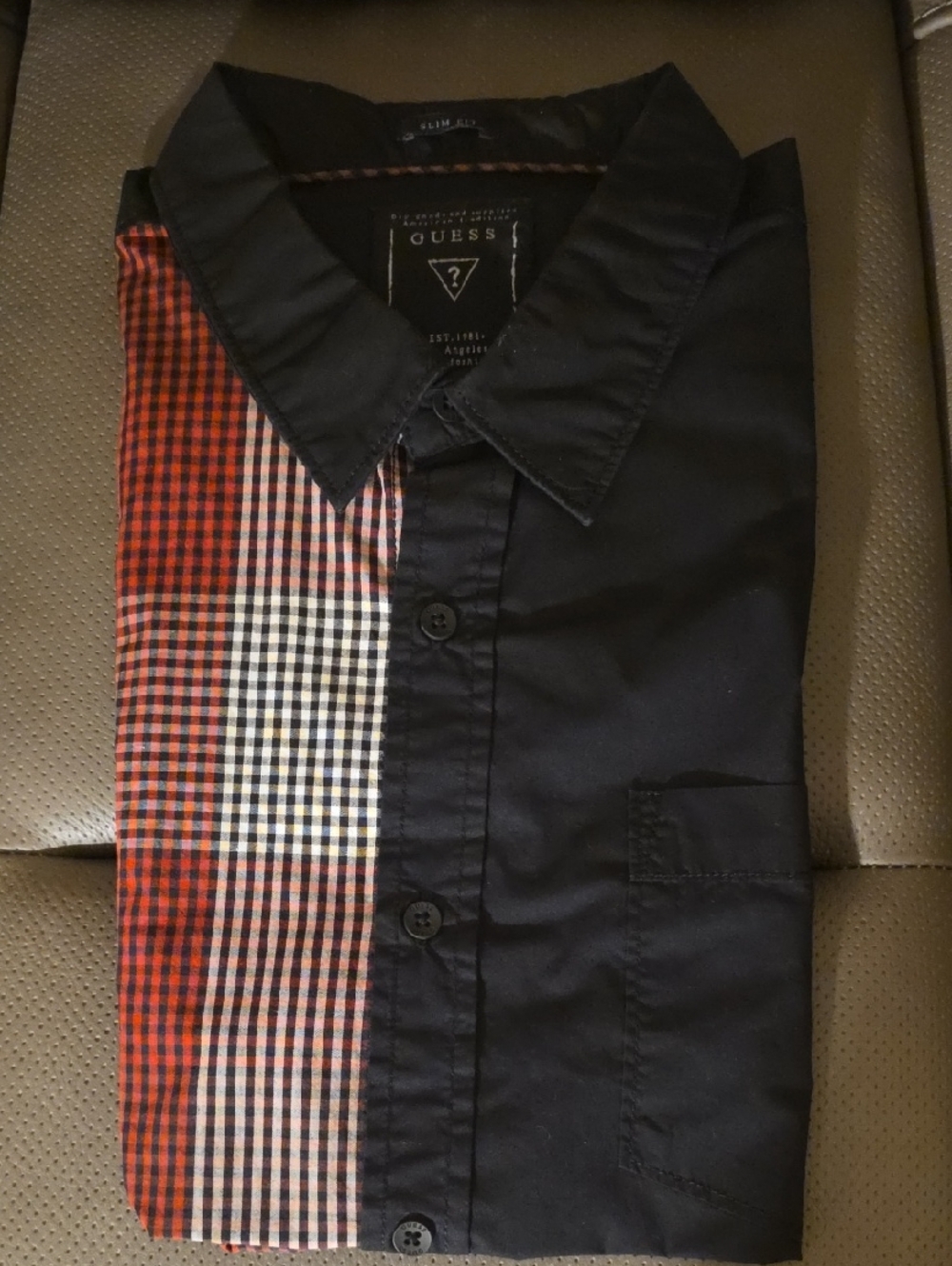 Guess Men’s Black Button-Down Shirt with Red Plaid Panel
